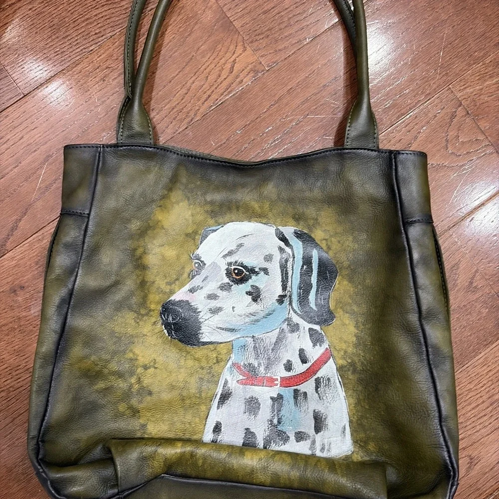 LRTO Leather Tote Bag Hand Painted Dalmatian Dog Olive Green Large Art Bag‎